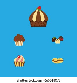 Flat Icon Dessert Set Of Sweetmeat, Cupcake, Biscuit And Other Vector Objects. Also Includes Muffin, Cake, Shortcake Elements.