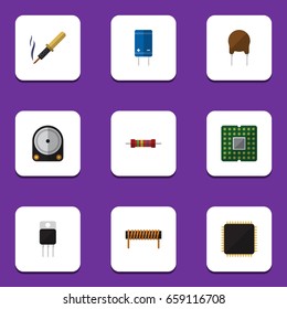 Flat Icon Device Set Of Bobbin, Cpu, Receiver And Other Vector Objects. Also Includes Iron, Resistance, Drive Elements.