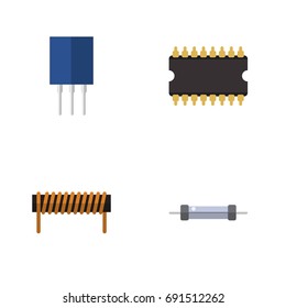 Flat Icon Device Set Of Bobbin, Receptacle, Microprocessor And Other Vector Objects. Also Includes Receptacle, Resistance, Resistor Elements.