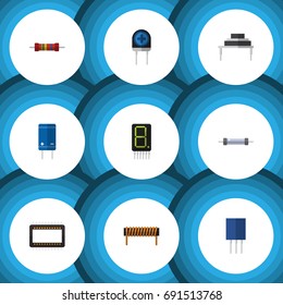 Flat Icon Device Set Of Bobbin, Resistance, Transistor And Other Vector Objects. Also Includes Electronics, Display, Bobbin Elements.