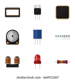 Flat Icon Device Set Of Cpu, Coil Copper, Receptacle And Other Vector Objects. Also Includes Coil, Resistor, Processor Elements.