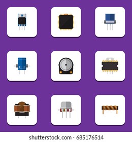 Flat Icon Device Set Of Cpu, Resist, Bobbin And Other Vector Objects. Also Includes Resistance, Fiildistor, Resistor Elements.