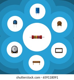 Flat Icon Device Set Of Hdd, Triode, Resistance And Other Vector Objects. Also Includes Bobbin, Mainframe, Transistor Elements.