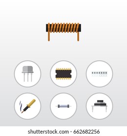 Flat Icon Device Set Of Microprocessor, Bobbin, Resistor And Other Vector Objects. Also Includes Semiconductor, Random, Resistor Elements.