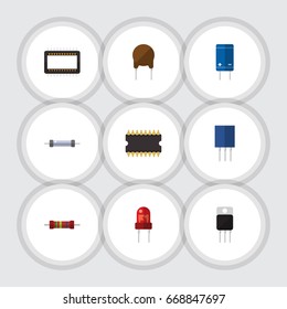 Flat Icon Device Set Of Microprocessor, Transistor, Triode And Other Vector Objects. Also Includes Mainframe, Unit, Electronics Elements.