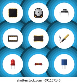 Flat Icon Device Set Of Recipient, Microprocessor, Mainframe And Other Vector Objects. Also Includes Resistance, Soldering, Processor Elements.