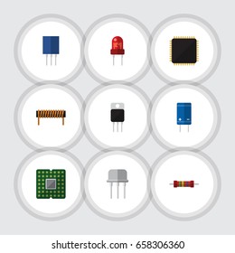 Flat Icon Device Set Of Resist, Bobbin, Cpu And Other Vector Objects. Also Includes Resistance, Motherboard, Copper Elements.