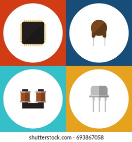 Flat Icon Device Set Of Resist, Triode, Cpu And Other Vector Objects. Also Includes Coil, Spool, Cpu Elements.