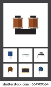 Flat Icon Device Set Of Transducer, Memory, Microprocessor And Other Vector Objects. Also Includes Resistor, Fiildistor, Coil Elements.