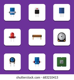 Flat Icon Device Set Of Transducer, Receiver, Hdd And Other Vector Objects. Also Includes Copper, Central, Resistor Elements.