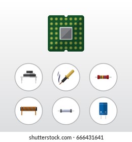 Flat Icon Device Set Of Transistor, Destination, Resistor And Other Vector Objects. Also Includes Bobbin, Electronics, Processor Elements.