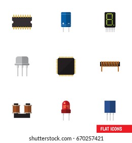 Flat Icon Device Set Of Transistor, Resist, Receptacle And Other Vector Objects. Also Includes Motherboard, Bobbin, Coil Elements.