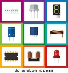 Flat Icon Device Set Of Transistor, Coil Copper, Microprocessor And Other Vector Objects. Also Includes Semiconductor, Resist, Fiildistor Elements.