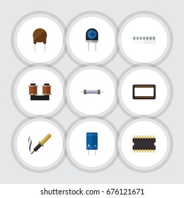 Flat Icon Device Set Of Transistor, Transducer, Triode And Other Vector Objects. Also Includes Soldering, Electronics, Mainframe Elements.
