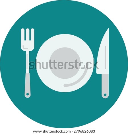 Flat icon of a dinner plate with a fork and knife on a blue circular background representing restaurant dining