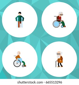 Flat Icon Disability Set Of Ancestor- Wheelchair- Injured And Other Vector Objects. Also Includes Ancestor- Injured- Old Elements.