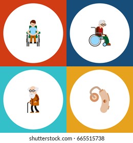 Flat Icon Disability Set Of Ancestor- Wheelchair- Person with a disability And Other Vector Objects. Also Includes Person with a disability- Aid Elements.