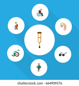 Flat Icon Disability Set Of Audiology- Injured- Wheelchair And Other Vector Objects. Also Includes Disability- Ancestor- Wheelchair Elements.