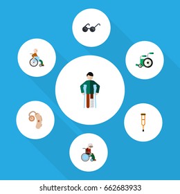 Flat Icon Disability Set Of Equipment- Wheelchair- Spectacles And Other Vector Objects. Also Includes Eyeglasses- Wheelchair- Disability Elements.