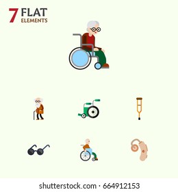 Flat Icon Disability Set Of Equipment- Audiology- Stand Vector Objects. Also Includes Old- Eyeglasses- Man Elements.