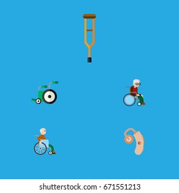 Flat Icon Disability Set Of Equipment- man with a disability- Stand Vector Objects. Also Includes Hearing- Equipment- Aid Elements.
