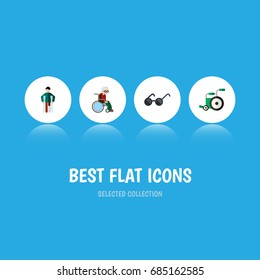 Flat Icon Disability Set Of Equipment- Wheelchair- Injured And Other Vector Objects. Also includes- Sunglasses- Eyeglasses Elements.