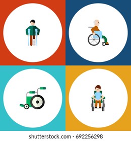 Flat Icon Disability Set Of Equipment- Person with a disability- man with a disability Vector Objects. Also Includes Crutch- Man- Equipment Elements.