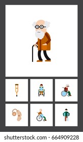 Flat Icon Disability Set Of Injured- Wheelchair- Person with a disability And Other Vector Objects. Also Includes Ancestor- Disability- Aid Elements.