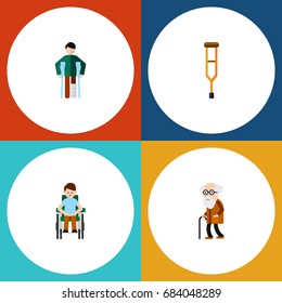Flat Icon Disability Set Of Injured- Stand- Person with a disability Vector Objects. Also includes- Crutch- Man Elements.