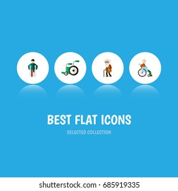 Flat Icon Disability Set Of Injured- man with a disability- Ancestor Vector Objects. Also Includes Old- Wheelchair- Ancestor Elements.