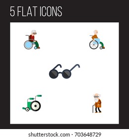 Flat Icon Disability Set Of man with a disability- Equipment- Ancestor Vector Objects. Also Includes Old- Sunglasses Elements.