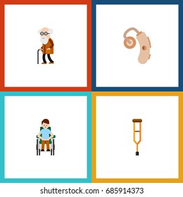 Flat Icon Disability Set Of Stand- Person with a disability- Ancestor Vector Objects. Also Includes Crutch- Aid- Hearing Elements.