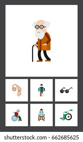 Flat Icon Disability Set Of Wheelchair- Person with a disability- Spectacles And Other Vector Objects. Also Includes Hearing- Spectacles- Crutch Elements.