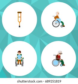 Flat Icon Disability Set Of Wheelchair- Person with a disability- man with a disability Vector Objects. Also Includes Stand- Wheelchair- Stick Elements.
