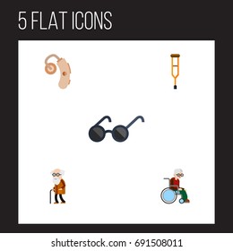 Flat Icon Disability Set Of Wheelchair- Spectacles- Audiology And Other Vector Objects. Also Includes Sunglasses- Eyeglasses Elements.