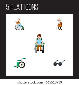 Flat Icon Disabled Set Of Ancestor, Handicapped Man, Equipment Vector Objects. Also Includes Ancestor, Wheelchair, Disabled Elements.