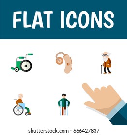 Flat Icon Disabled Set Of Ancestor, Equipment, Injured And Other Vector Objects. Also Includes Old, Ancestor, Audiology Elements.