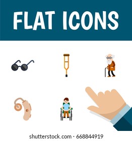 Flat Icon Disabled Set Of Ancestor, Stand, Spectacles Vector Objects. Also Includes Stand, Man, Eyeglasses Elements.