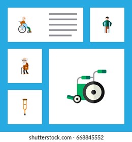 Flat Icon Disabled Set Of Ancestor, Injured, Handicapped Man Vector Objects. Also Includes Old, Ancestor, Man Elements.