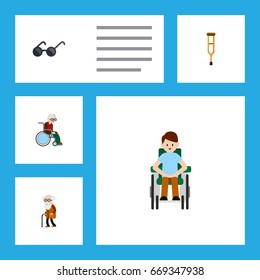 Flat Icon Disabled Set Of Ancestor, Stand, Wheelchair Vector Objects. Also Includes Spectacles, Disabled, Sunglasses Elements.