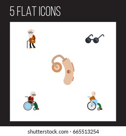 Flat Icon Disabled Set Of Audiology, Wheelchair, Spectacles And Other Vector Objects. Also Includes Ancestor, Wheelchair, Handicapped Elements.
