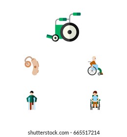 Flat Icon Disabled Set Of Audiology, Handicapped Man, Equipment Vector Objects. Also Includes Equipment, Audiology, Hearing Elements.