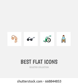 Flat Icon Disabled Set Of Audiology, Equipment, Disabled Person And Other Vector Objects. Also Includes Spectacles, Man, Handicapped Elements.