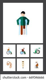 Flat Icon Disabled Set Of Audiology, Handicapped Man, Ancestor Vector Objects. Also Includes Stand, Wheelchair, Equipment Elements.
