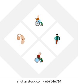 Flat Icon Disabled Set Of Audiology, Handicapped Man, Wheelchair Vector Objects. Also Includes Handicapped, Aid, Audiology Elements.