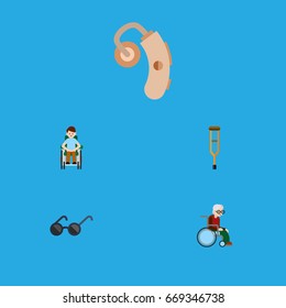 Flat Icon Disabled Set Of Audiology, Wheelchair, Disabled Person And Other Vector Objects. Also Includes Disabled, Stick, Audiology Elements.