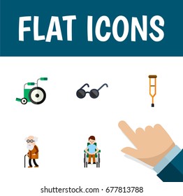 Flat Icon Disabled Set Of Equipment, Ancestor, Stand Vector Objects. Also Includes Old, Ancestor, Wheelchair Elements.