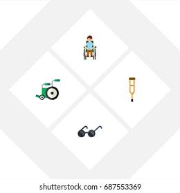 Flat Icon Disabled Set Of Equipment, Disabled Person, Spectacles And Other Vector Objects. Also Includes Wheelchair, Spectacles, Stand Elements.