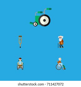 Flat Icon Disabled Set Of Equipment, Handicapped Man, Stand Vector Objects. Also Includes Man, Equipment, Old Elements.