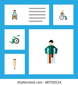 Flat Icon Disabled Set Of Injured, Handicapped Man, Disabled Person Vector Objects. Also Includes Stand, Injured, Crutch Elements.